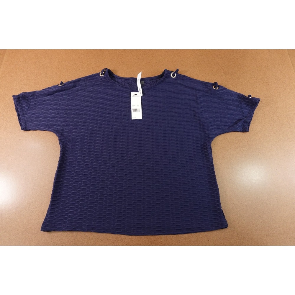 NY Collection Womens Petite XL Dark Blue Textured Short Sleeve Pullover Top NWT